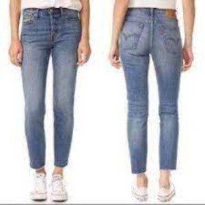 LEVI'S WHITE OAK CONE DENIM HIGH RISE RAW HEM ANKLE CUT BUTTON FLY SLIM JEANS